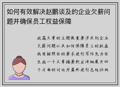 如何有效解决赵鹏谈及的企业欠薪问题并确保员工权益保障